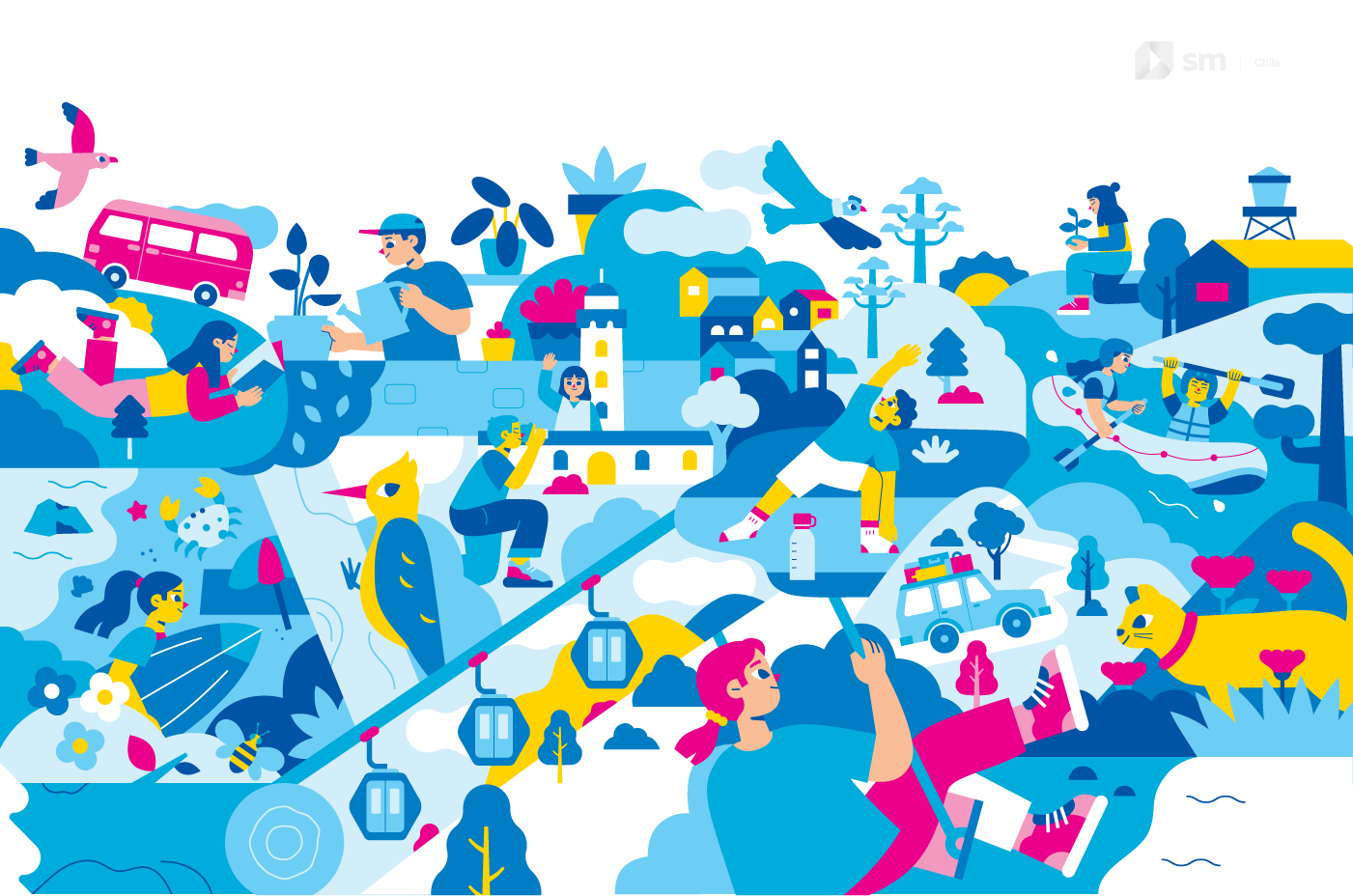 Flat illustration featuring a cable car, a girl reading, and people practicing yoga in a mountainous setting.