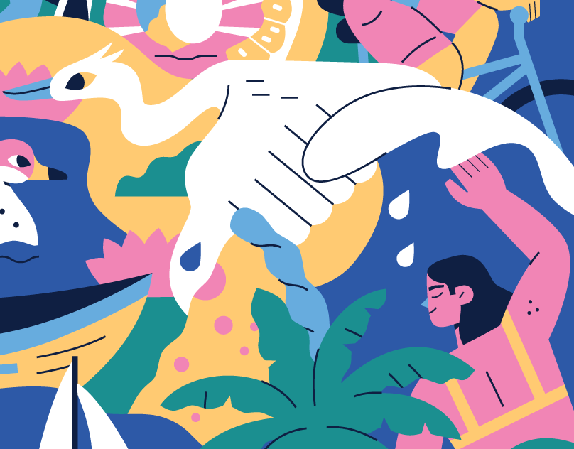 Colorful illustration of a large white bird flying over a person and tropical plants by the water.