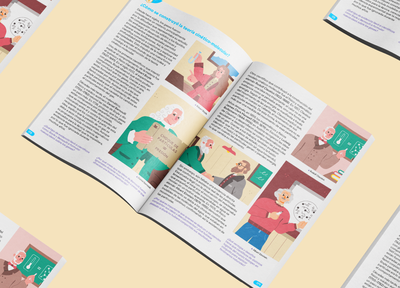 Mockup of an open textbook with illustrations of historical scientists and text in Spanish about kinetic theory.