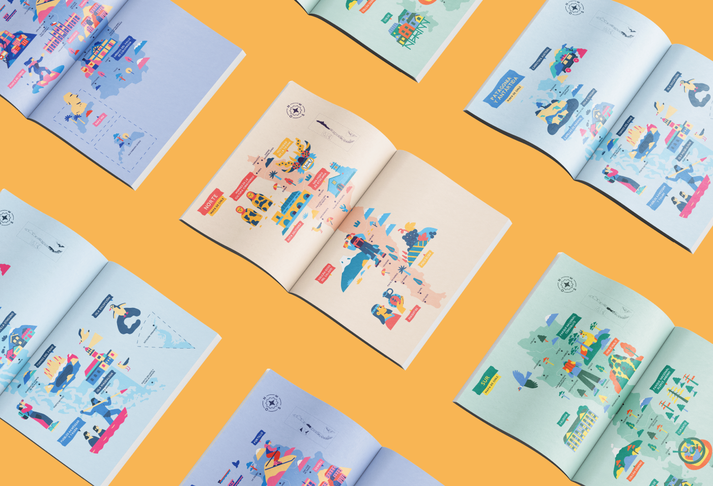 Overhead view of editorial magazine spreads featuring various regional maps of Chile and Antarctica.
