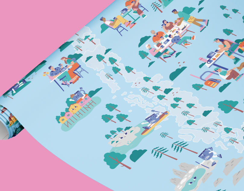 Close-up mockup of a printed illustrated map of Chile with colorful characters on a bright pink background.
