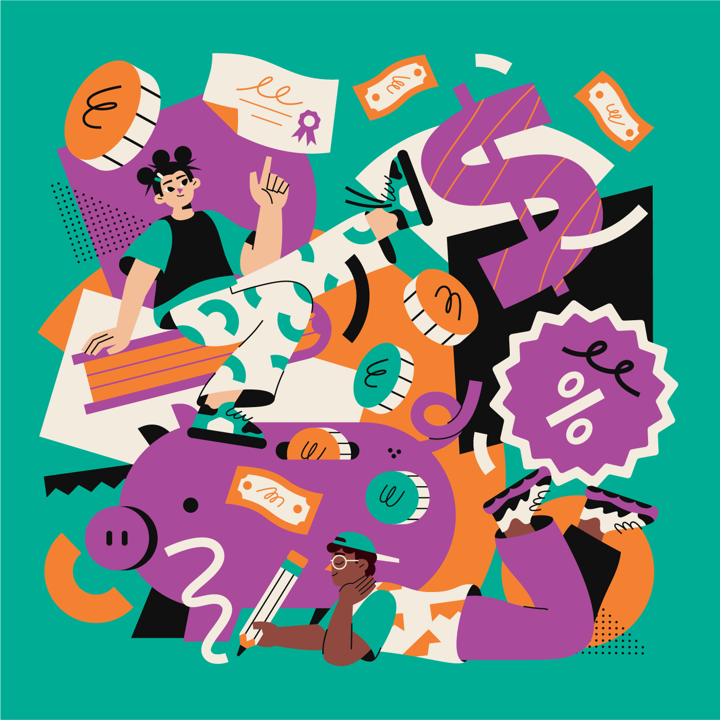 Colorful illustration of characters near a giant purple piggy bank, coins, and floating currency notes.