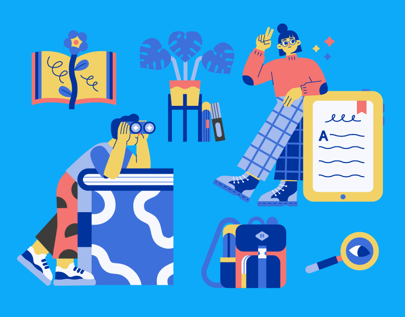 Digital characters using binoculars and tablets among books and plants on a bright blue background.